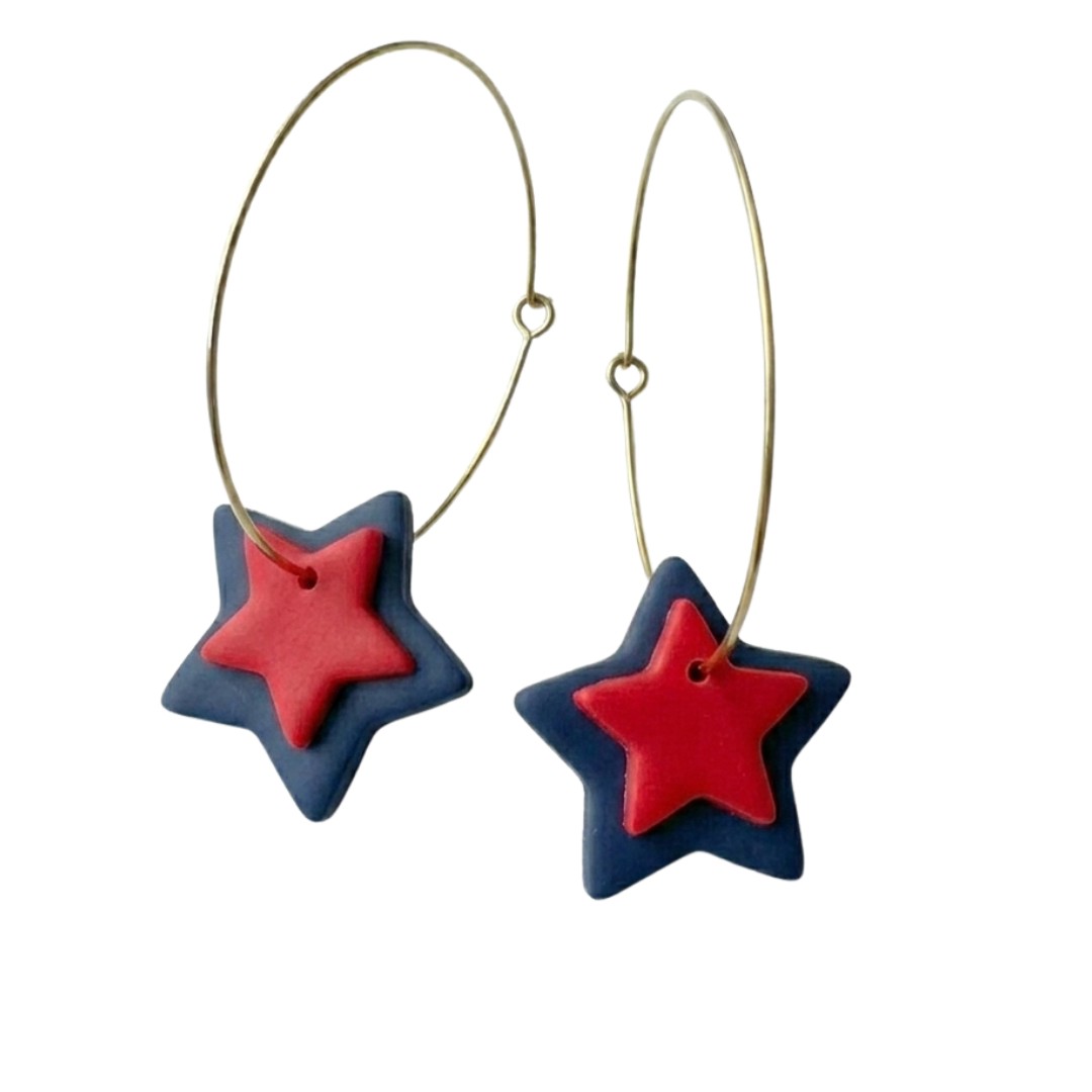 Sweet Tree Star Hoops, handcrafted polymer clay earrings